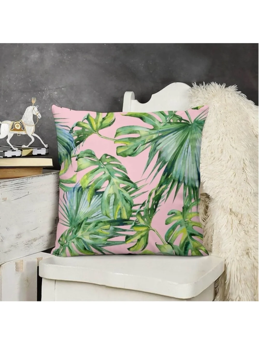 NEW Pink Tropical Pillow Covers Set of 2 Watercolor Art Style Palm 18x18”
